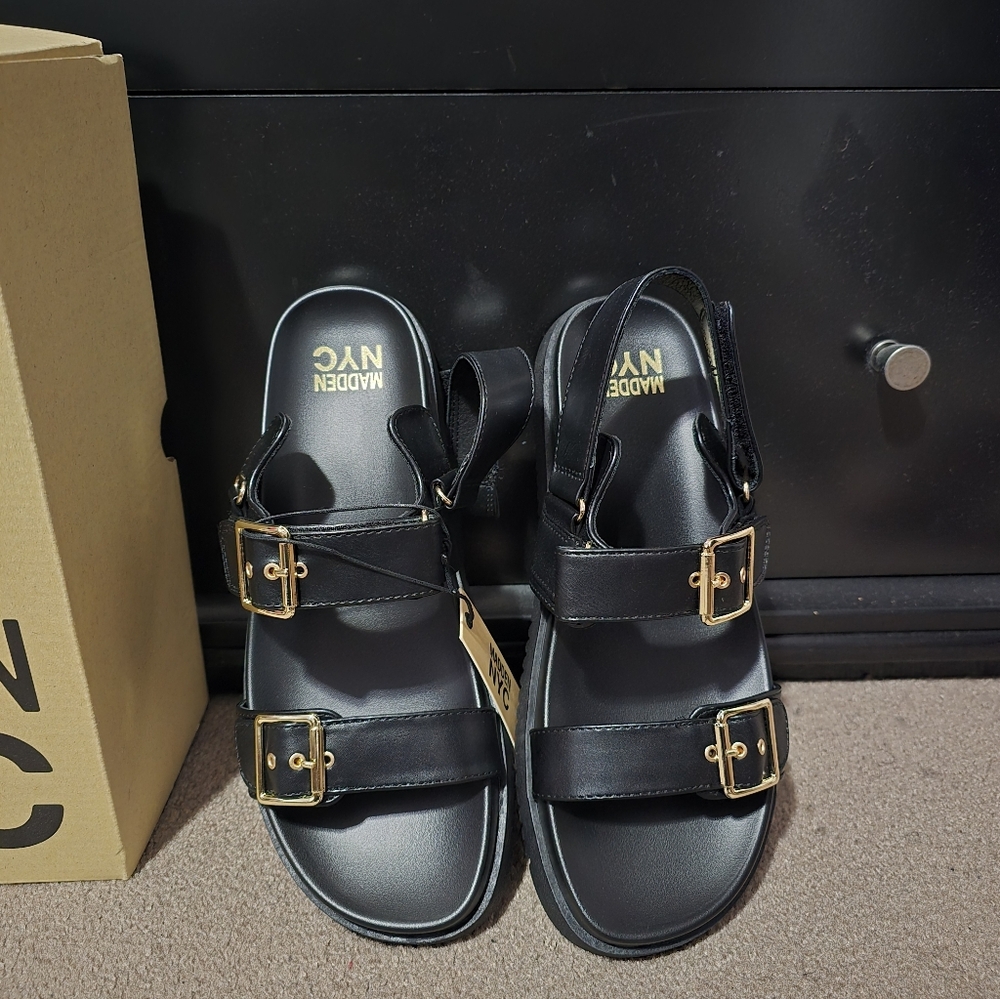 Steve Madden Black Sandals with Gold Accents